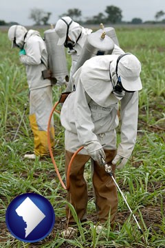 workers spraying insecticide on plants - with Washington, DC icon