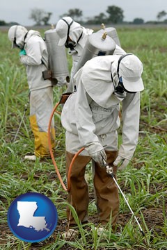 workers spraying insecticide on plants - with Louisiana icon